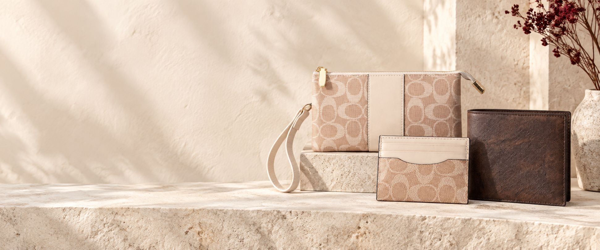 DaintyWallet small leather goods arranged on a limestone shelf